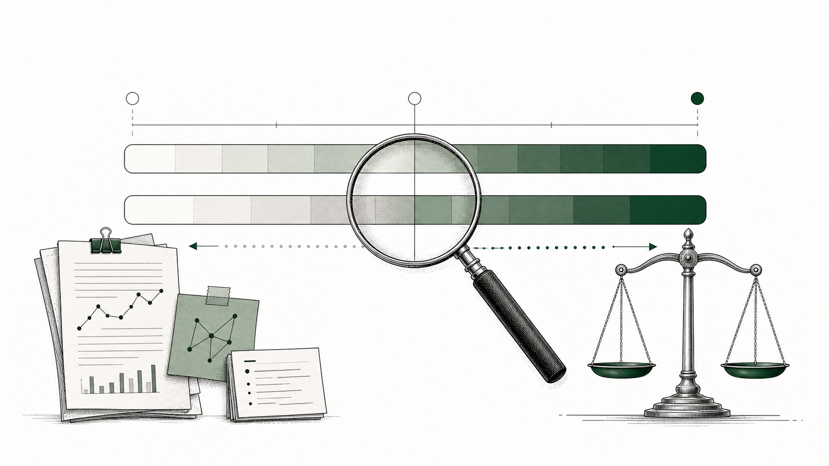Abstract evidence-alignment illustration with papers, scales, and a magnifying glass.